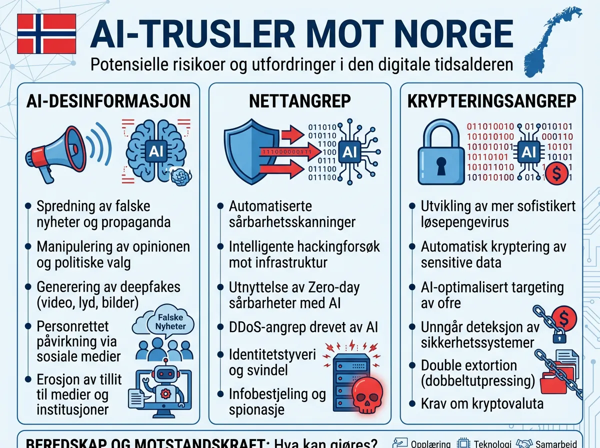 Infografik over tre AI-trusler mot Norge - desinformasjon, nettangrep og krypteringsangrep