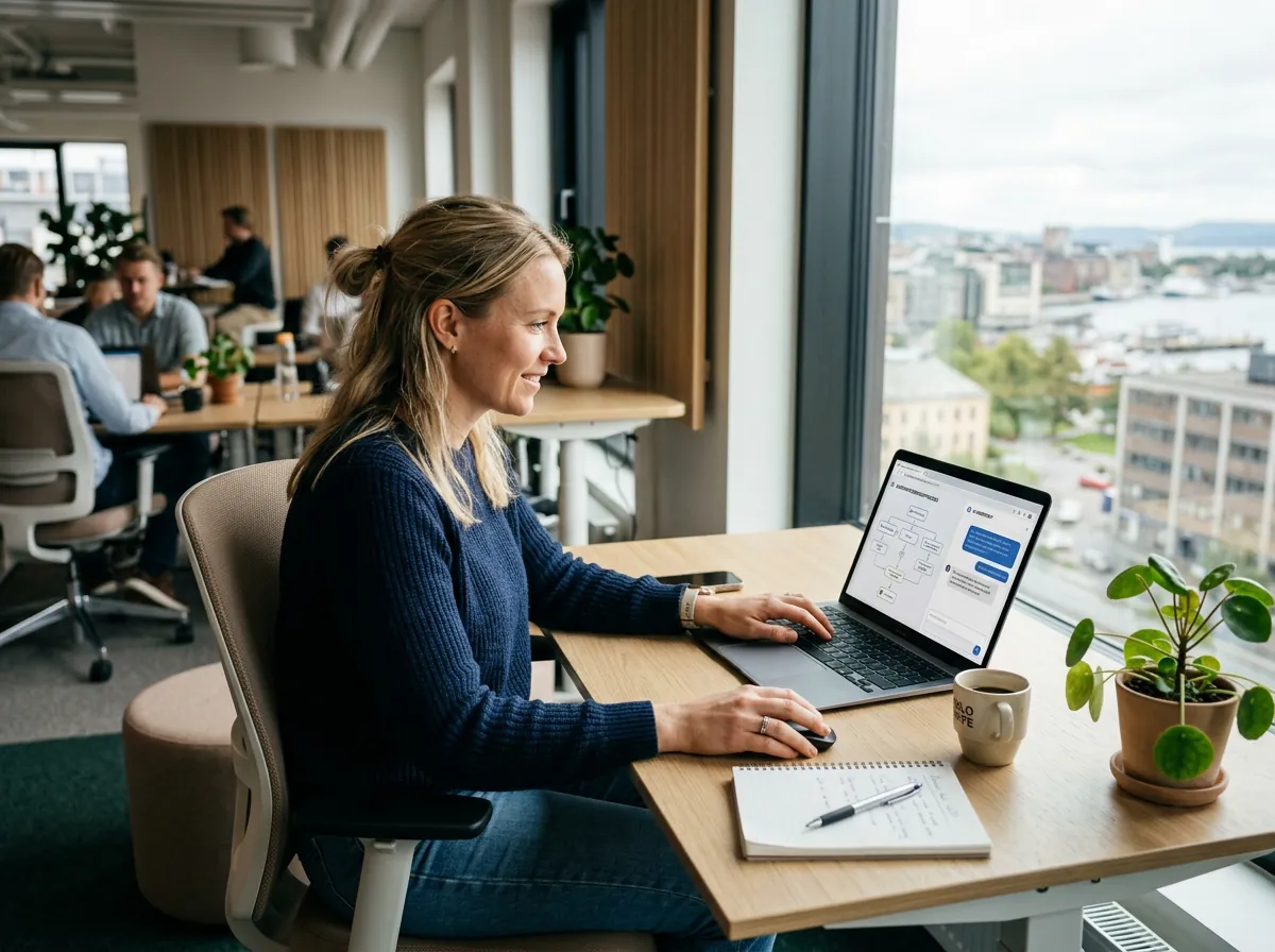 Person ved laptop i moderne norsk kontor med AI-grensesnitt på skjermen - daglig bruk av AI-verktøy i bedriften