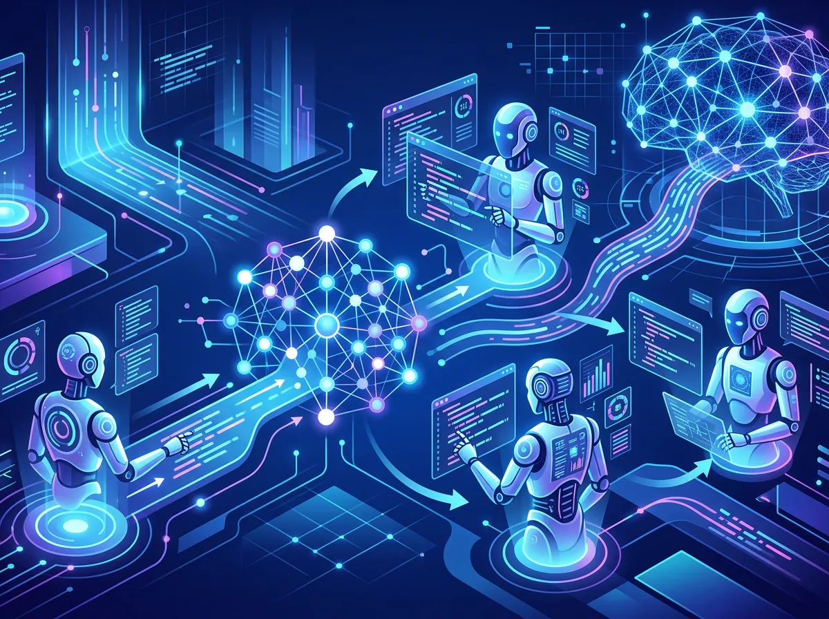 Illustrasjon av multi-agent system der AI-agenter analyserer kodeflyt parallelt i Anthropics Code Review