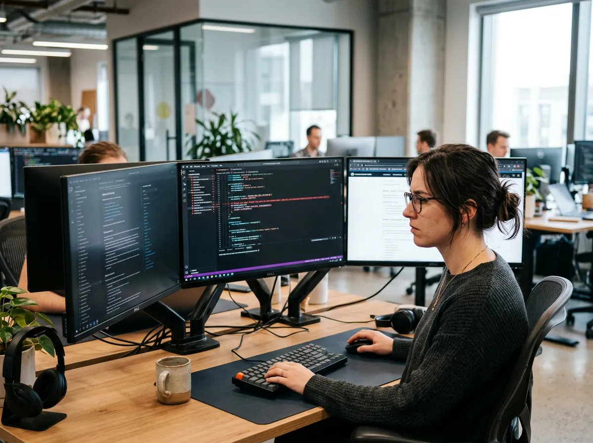 Utvikler ved arbeidsstasjonen går gjennom kode med feilflagging på skjermen etter Code Review-analyse