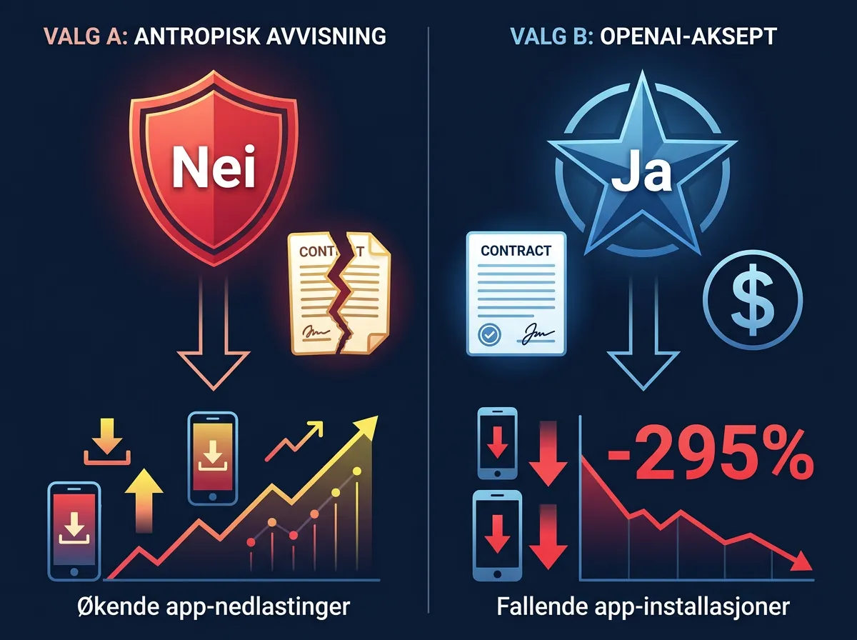 Infografik som viser Anthropic sa nei og mistet kontrakten, OpenAI sa ja og fikk 295 prosent nedgang i nedlastinger