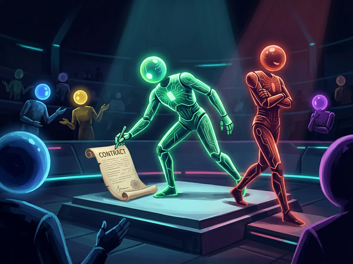 Konseptuell illustrasjon av AI-selskaper i konkurranse der ett signerer en militærkontrakt mens et annet trekker seg tilbake