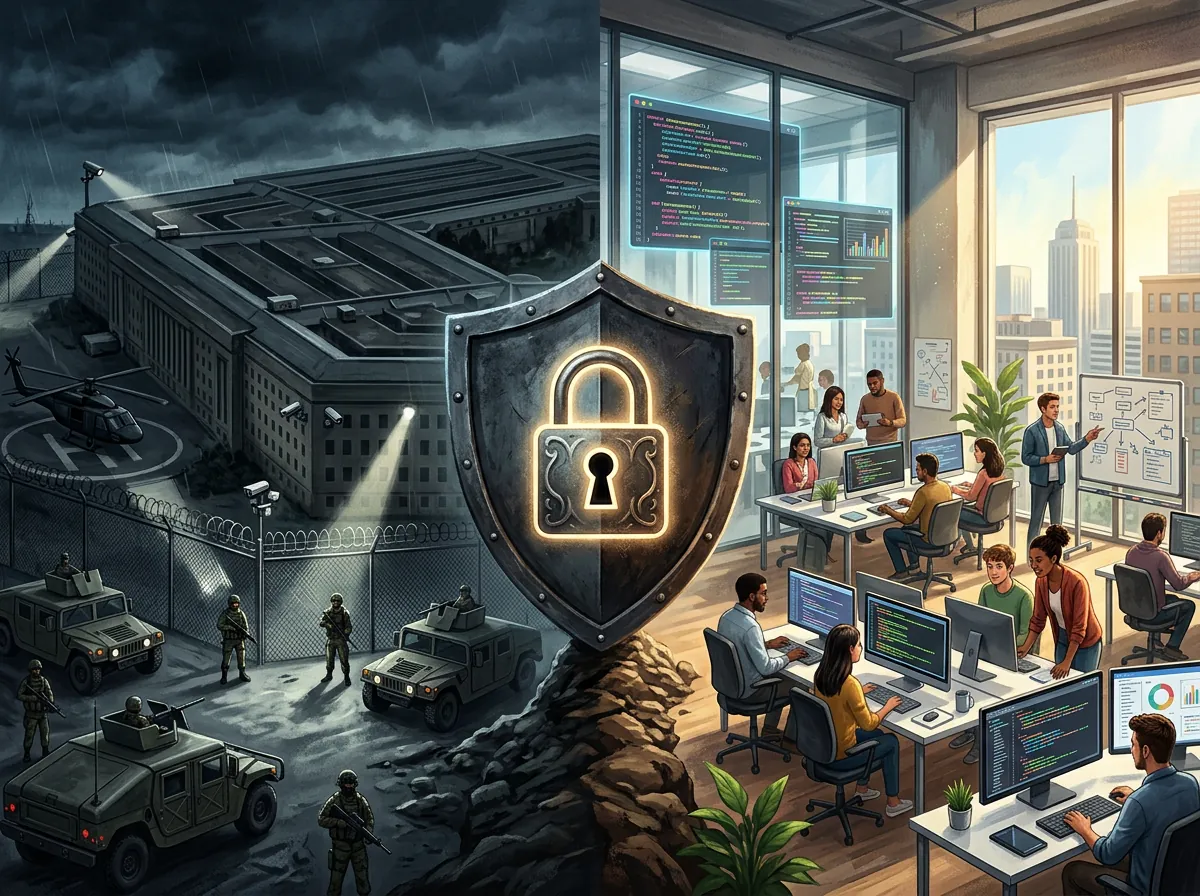 Illustrasjon av Pentagon som krever AI-tilgang til masseovervåking og autonome våpensystemer