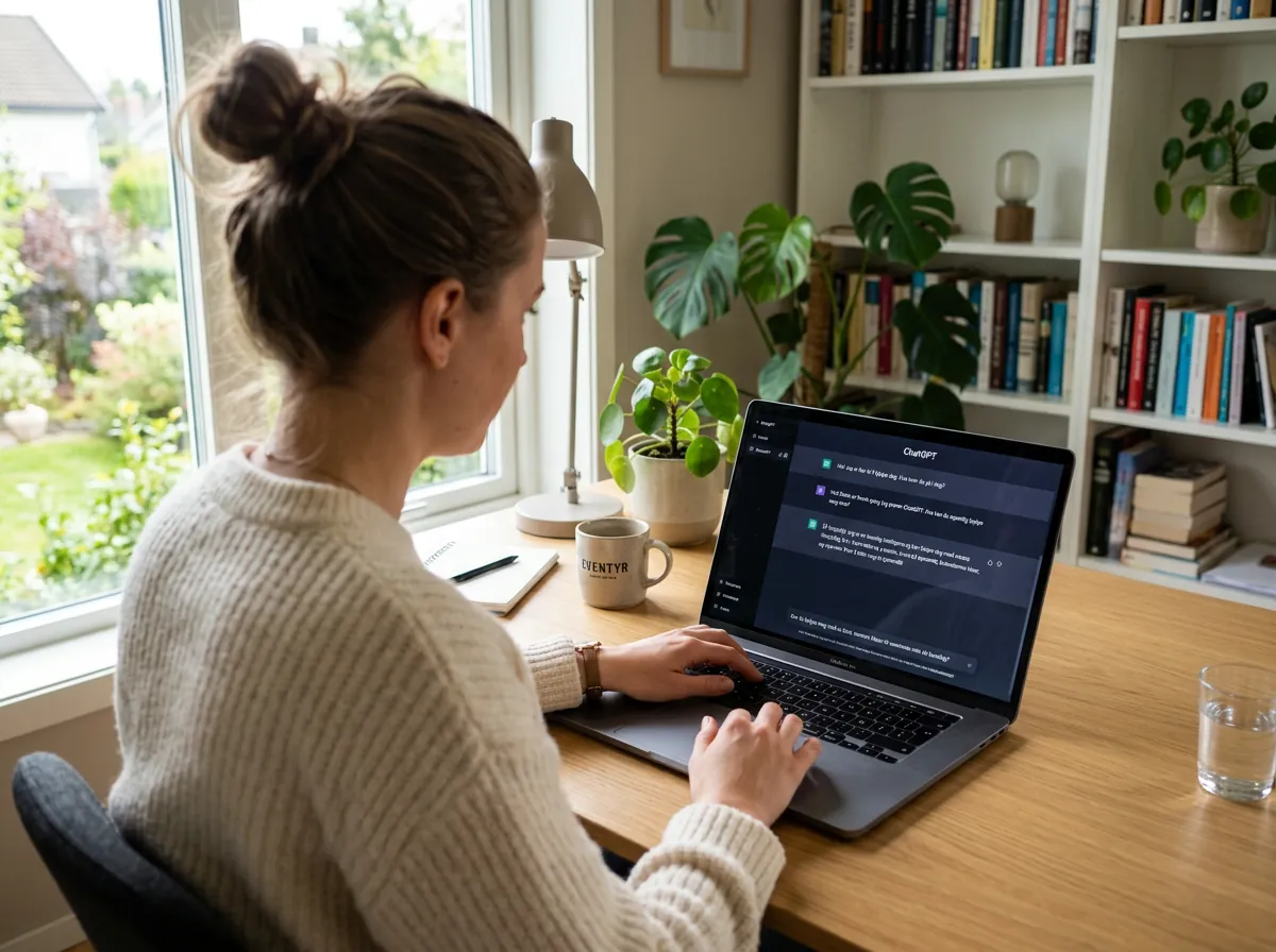 Person som bruker ChatGPT på laptop for første gang - praktisk guide til å komme i gang