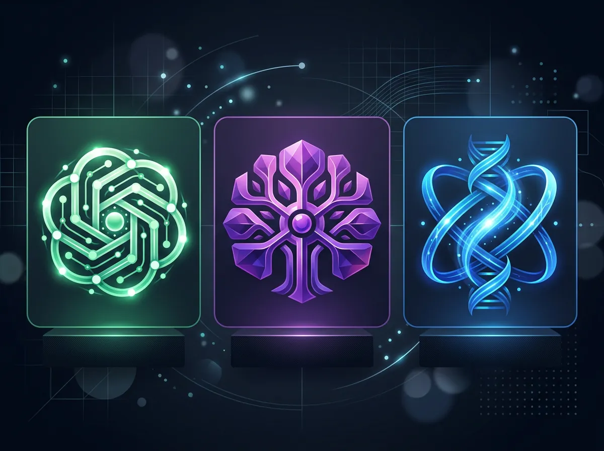 Illustrasjon som sammenligner tre AI-assistenter - ChatGPT, Claude og Gemini - symbolisert i grønt, lilla og blått