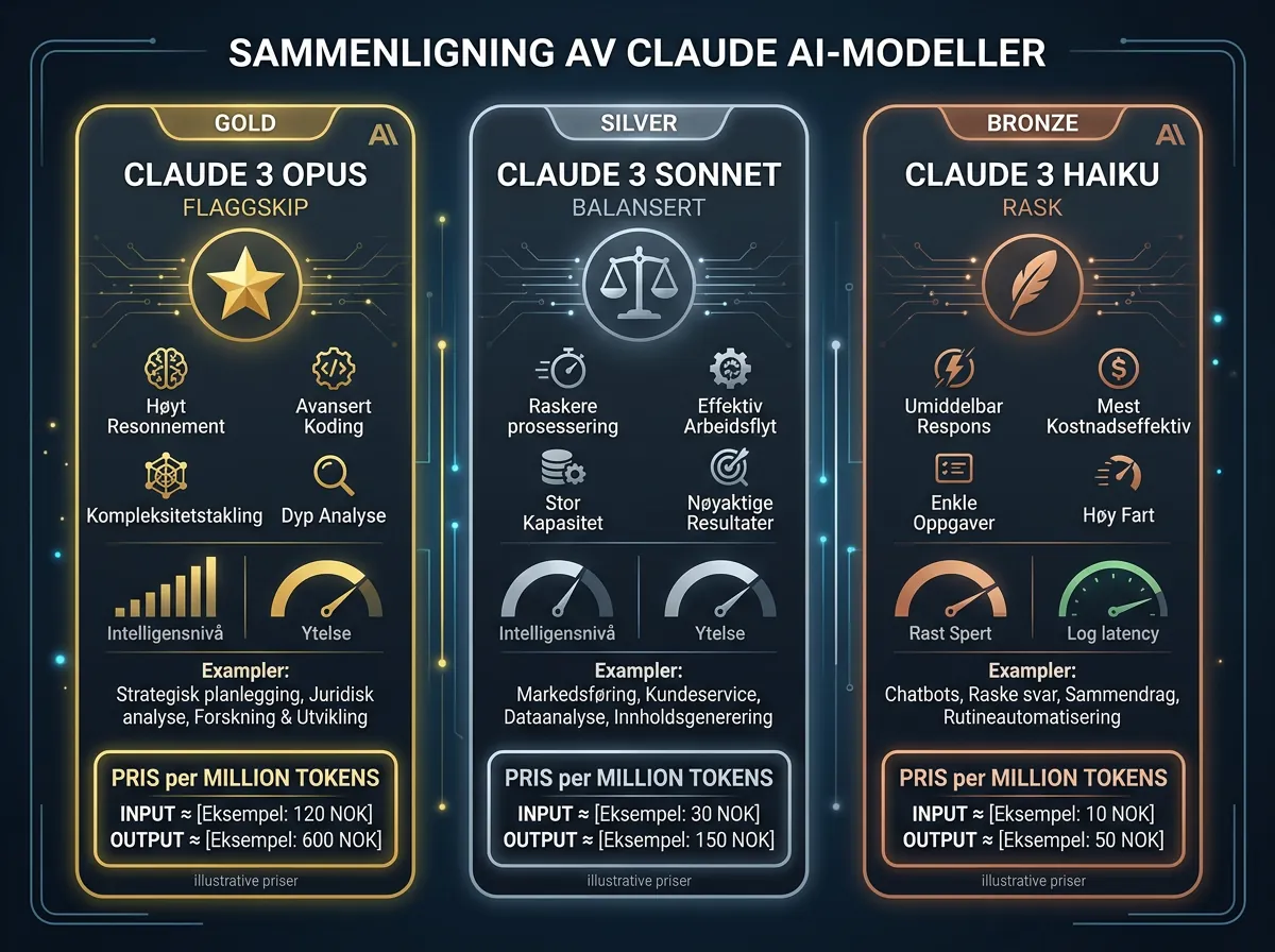 Infografisk sammenligning av Claude AI-modellene Opus, Sonnet og Haiku med priser i norske kroner