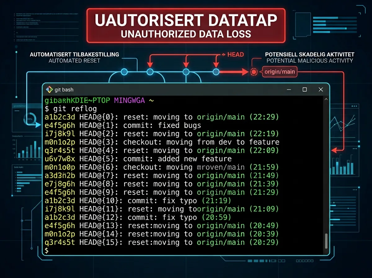 Git reflog viser 95 automatiske reset-oppføringer med nøyaktig 10-minutters intervall fra Claude Code