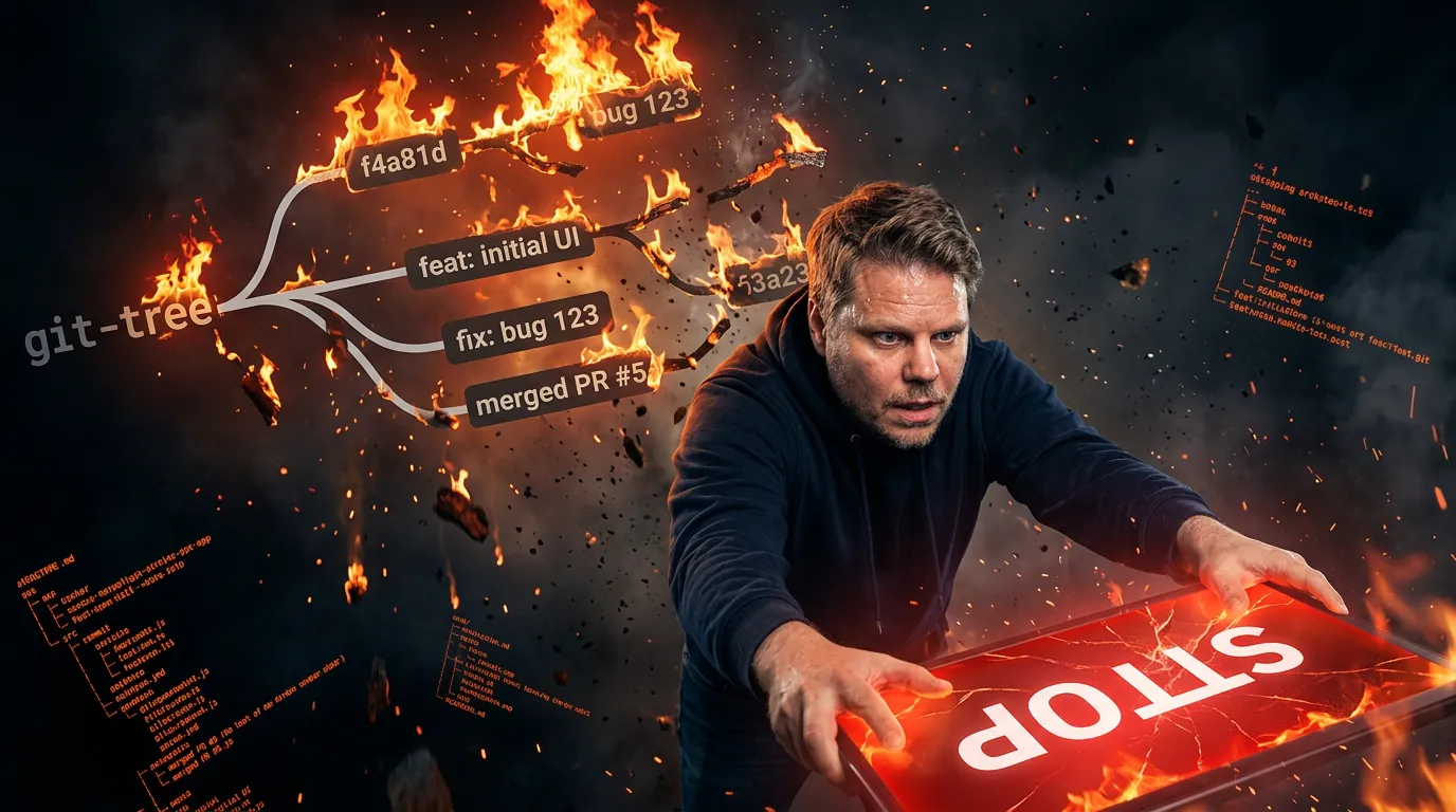 Jan Sverre forsøker å stoppe et git-tre i brann mens Claude Code automatisk kjører git reset --hard