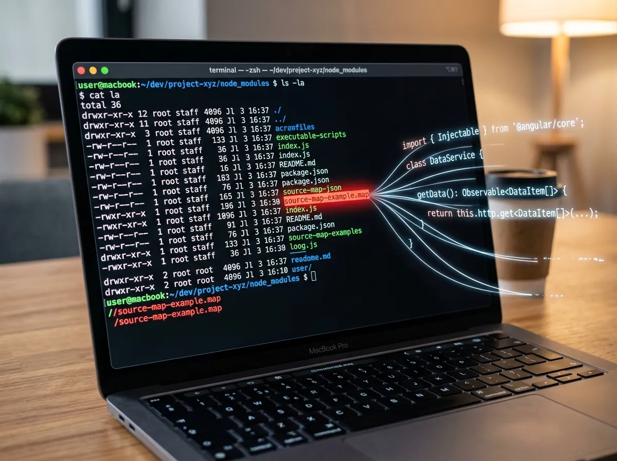 Terminal som viser npm-pakkens innhold med en .map-fil uthevet i rødt og TypeScript-kildekode som strømmer ut