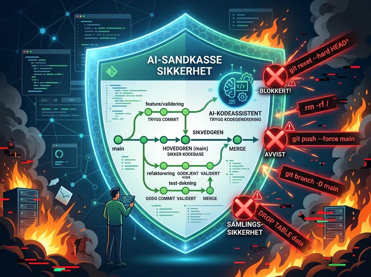 Illustrasjon av sandkasse-sikkerhet som blokkerer destruktive git-kommandoer som git reset og rm -rf