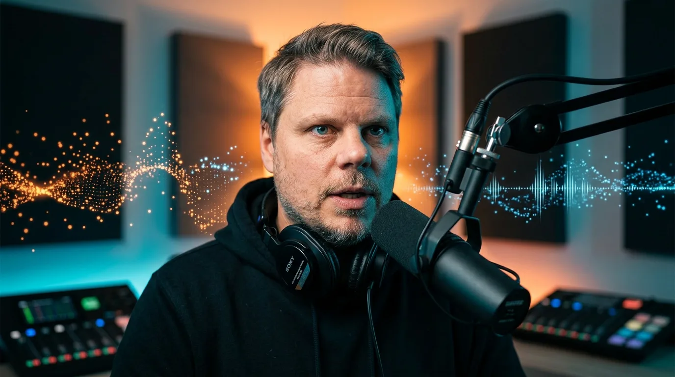 Jan Sverre Bauge med mikrofon i studio, illustrerer Claude Code Voice Mode
