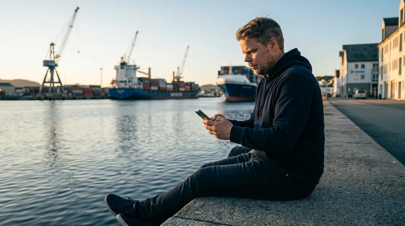 Jan Sverre sitter på kaien i Haugesund og kontrollerer AI-agent via Claude Dispatch på telefonen