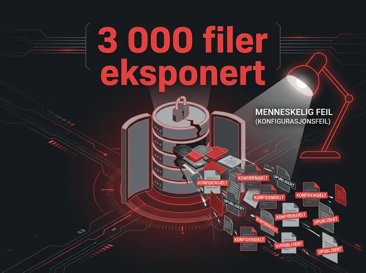 Infografikk som viser database med 3000 eksponerte filer fra Anthropics CMS-konfigurasjonsfeil i mars 2026