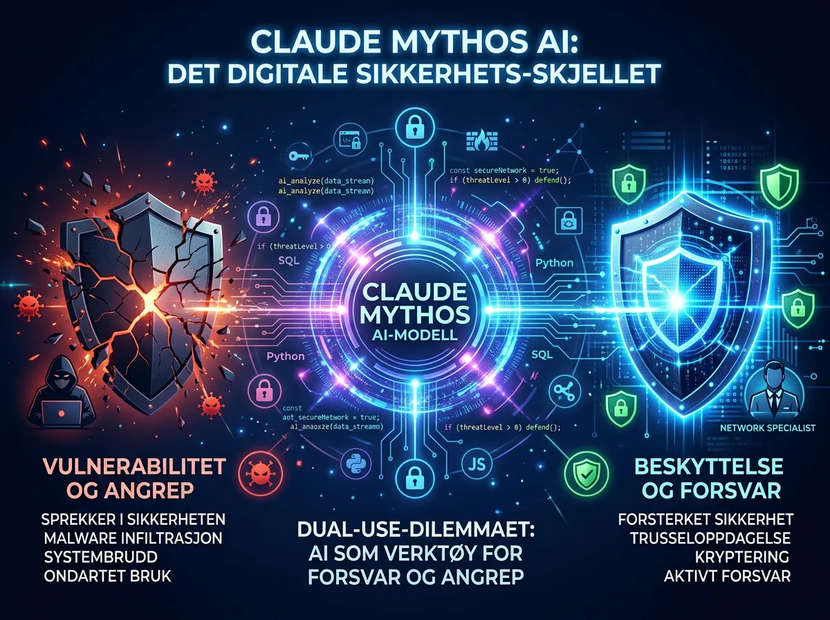 Abstrakt illustrasjon av Claude Mythos AI-kjerne omgitt av cybersikkerhetsikoner - dual-use dilemma med skjold som forsterkes og sprekker