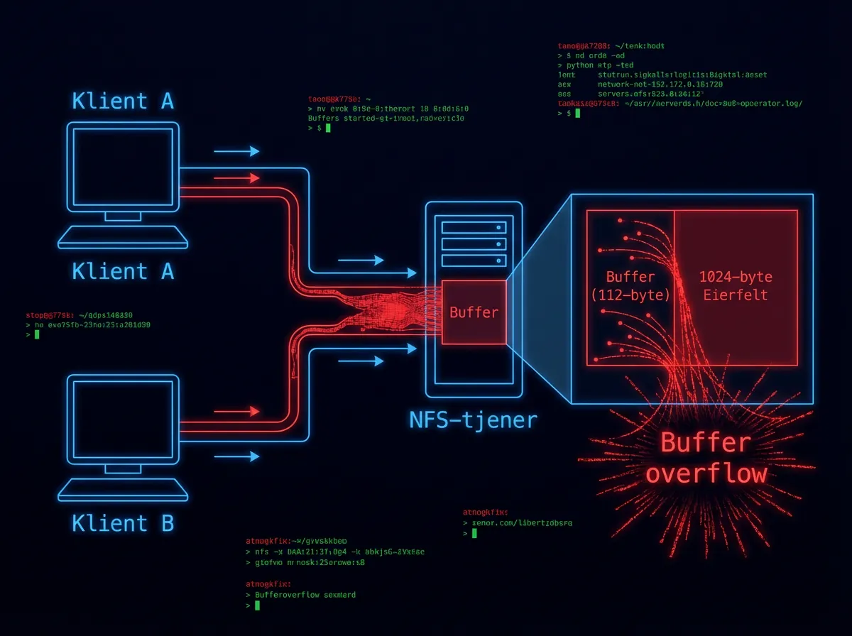Teknisk diagram over NFS buffer overflow-angrep med to klienter som koordinerer pakker mot en Linux-tjener