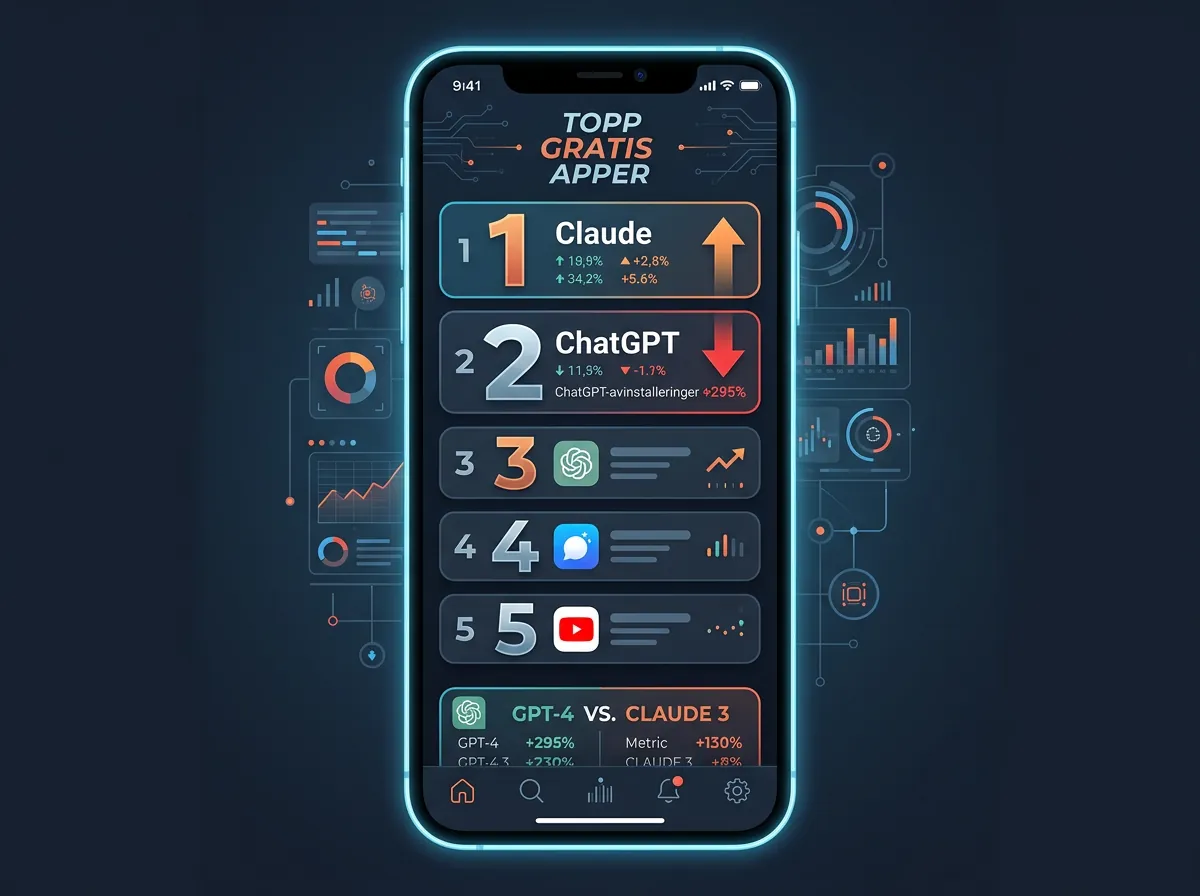 App Store-rangering som viser Claude på nummer 1 og ChatGPT på nummer 2, med piler som indikerer bevegelse etter Pentagon-kontroversen