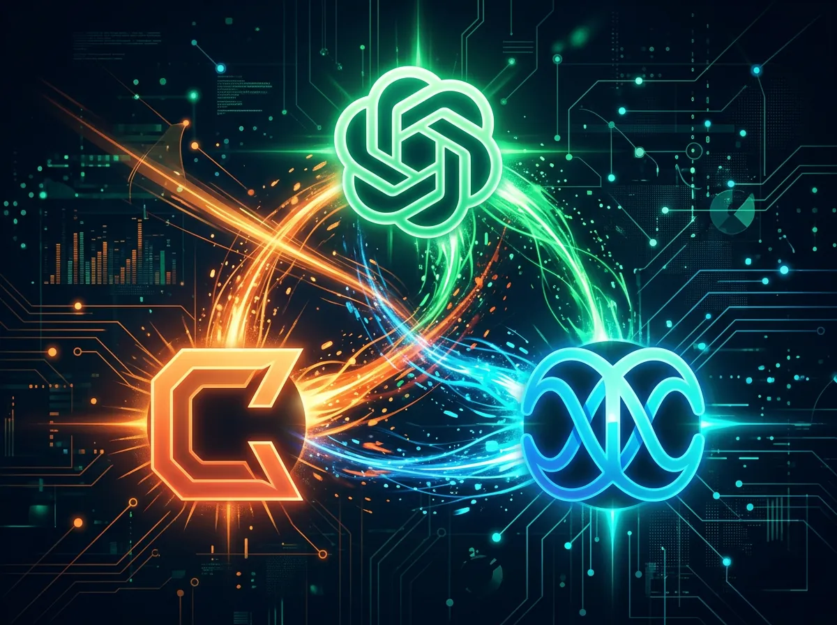 Illustrasjon av Claude, ChatGPT og Gemini i direkte konkurranse med glødende logoer mot mørk bakgrunn