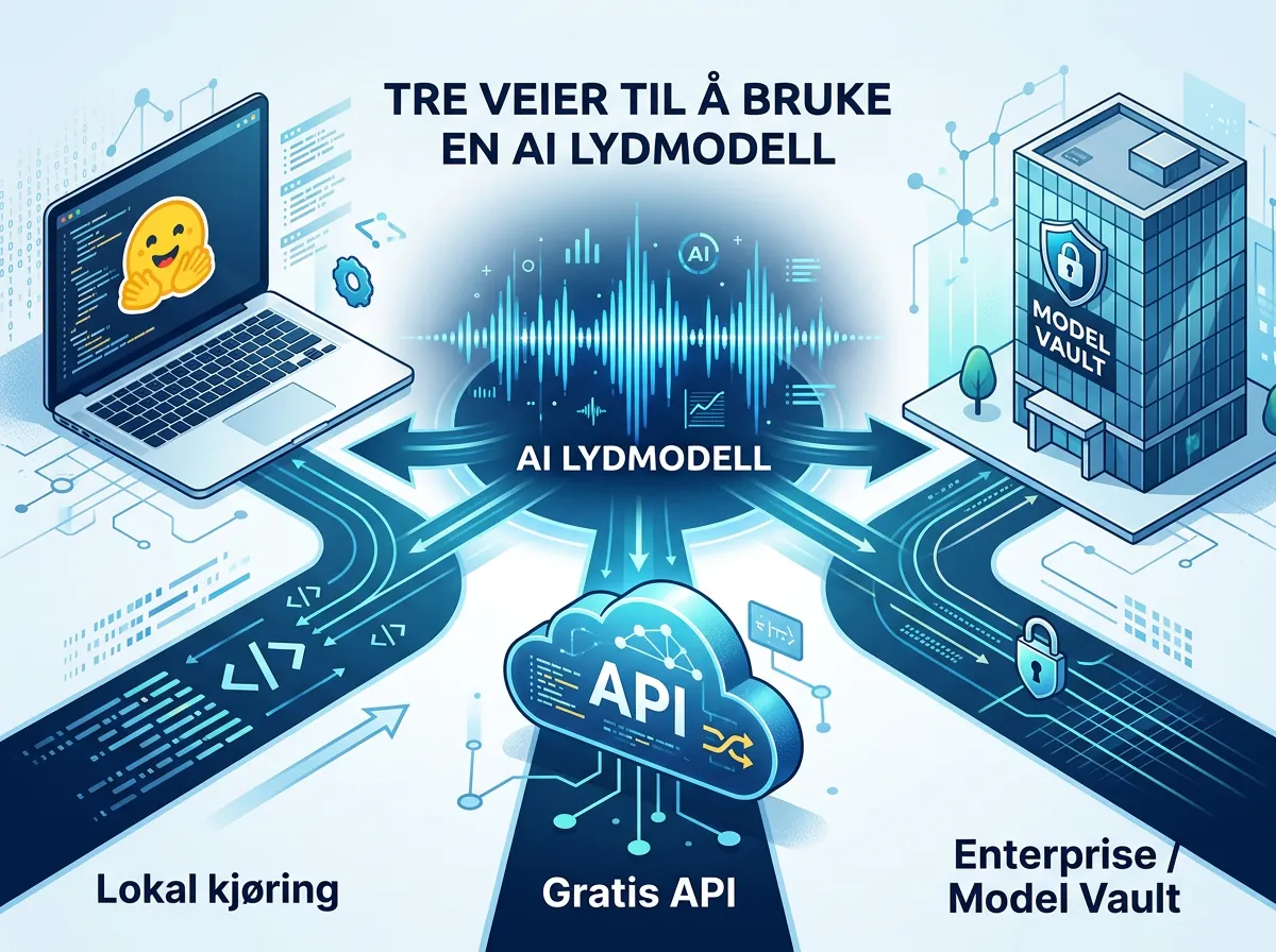 Illustrasjon av tre måter å bruke Cohere Transcribe: lokal kjøring via Hugging Face, gratis API og enterprise Model Vault