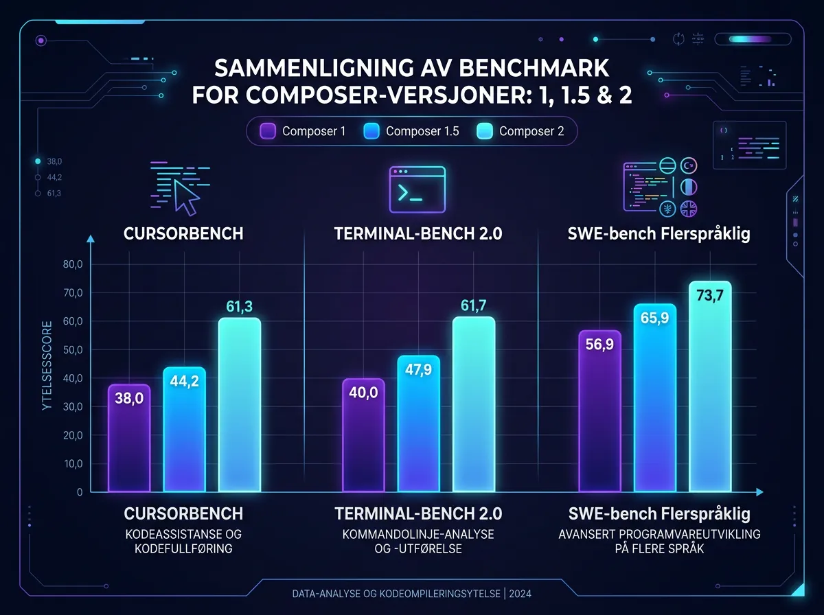 Benchmark-sammenligning Composer 1 vs Composer 1.5 vs Composer 2 på CursorBench, Terminal-Bench og SWE-bench
