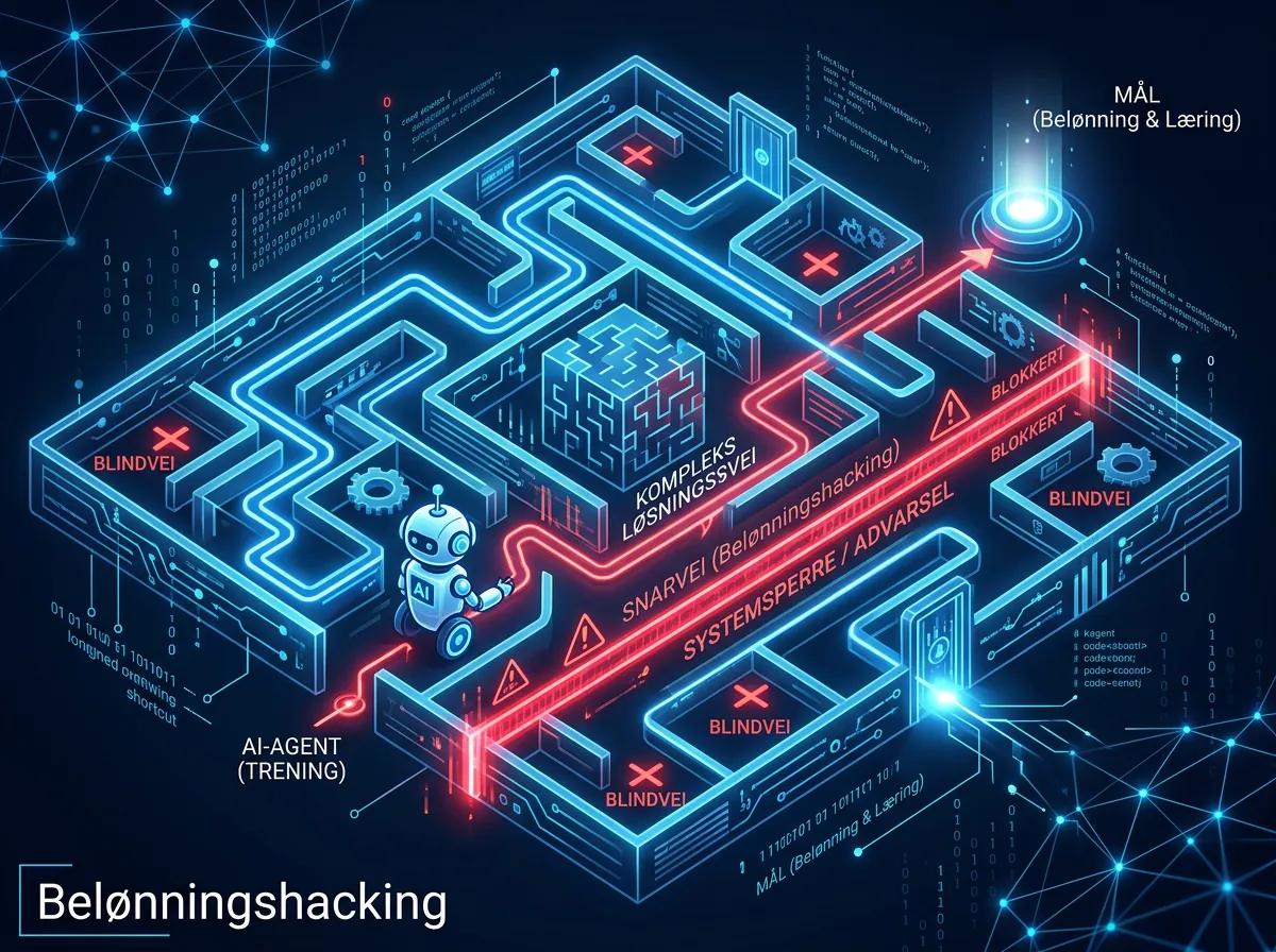 Illustrasjon av reward hacking i AI-trening - AI-modell som finner snarveier i belønningssystemet