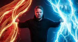 Jan Sverre holder to kraftige energistrømmer fra øst og vest fra hverandre - symboliserer dragkampen mellom kinesisk og vestlig AI