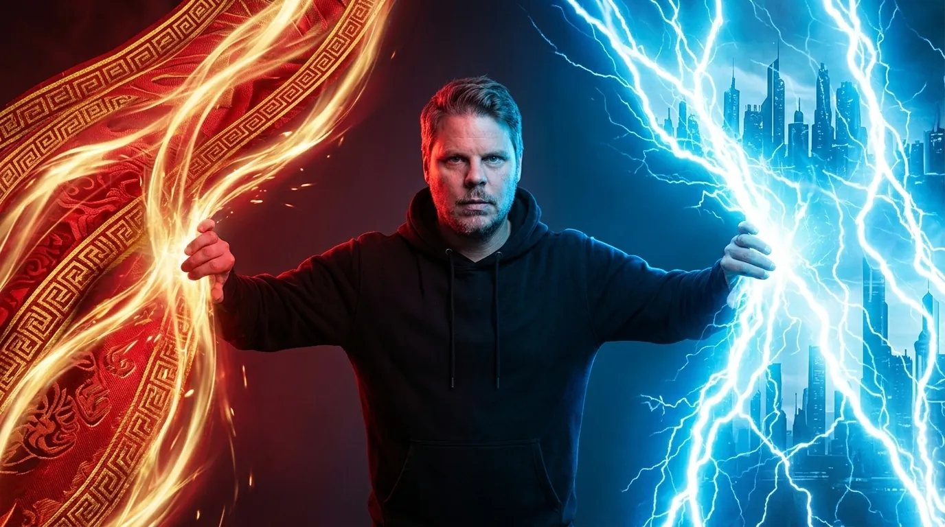 Jan Sverre holder to kraftige energistrømmer fra øst og vest fra hverandre - symboliserer dragkampen mellom kinesisk og vestlig AI