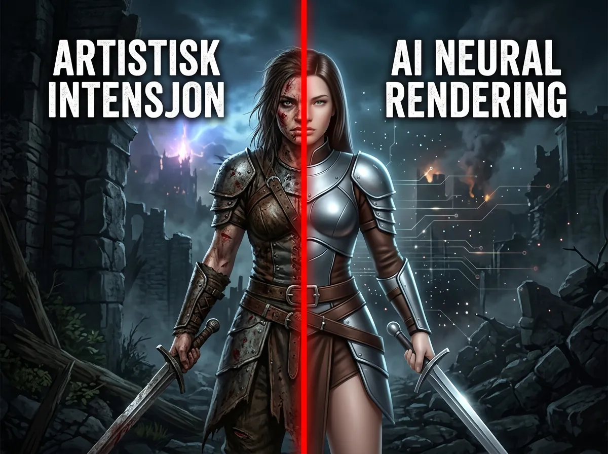 Illustrasjon som viser kontrasten mellom original artistisk intensjon og DLSS 5 neural rendering på en spillkarakter