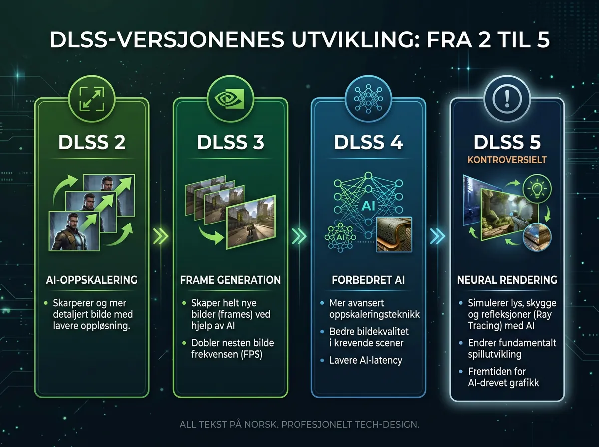 Infografikk over DLSS-versjonene fra DLSS 2 til DLSS 5 med neural rendering