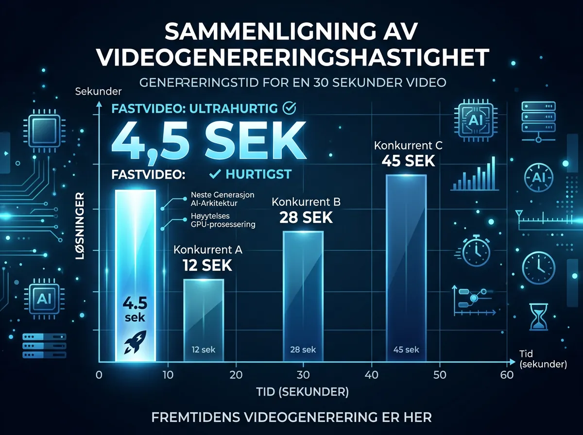 Infografikk som viser FastVideo sin 4,5 sekunders latensy for generering av 30 sekunders 1080p-video sammenlignet med konkurrenter