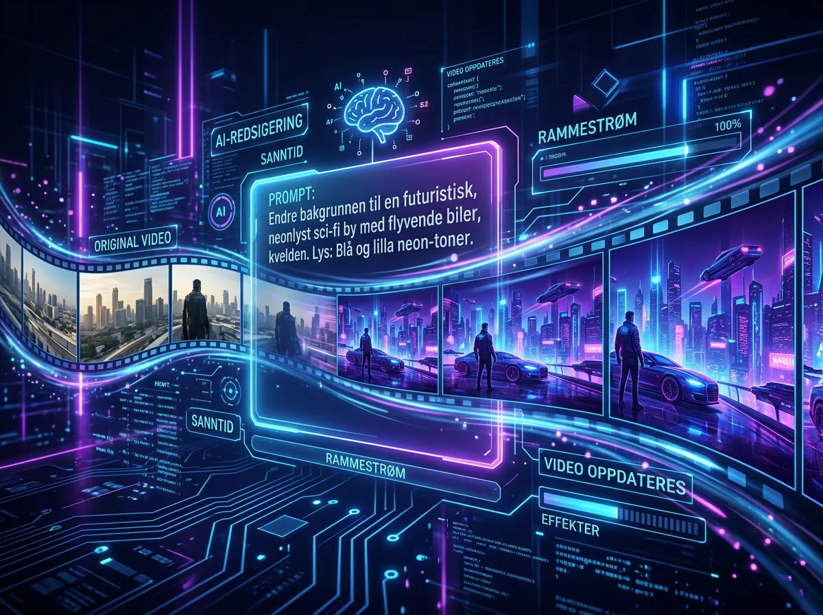 Illustrasjon av interaktiv AI-video redigering i sanntid med flytende video-frames og prompt-oppdateringer