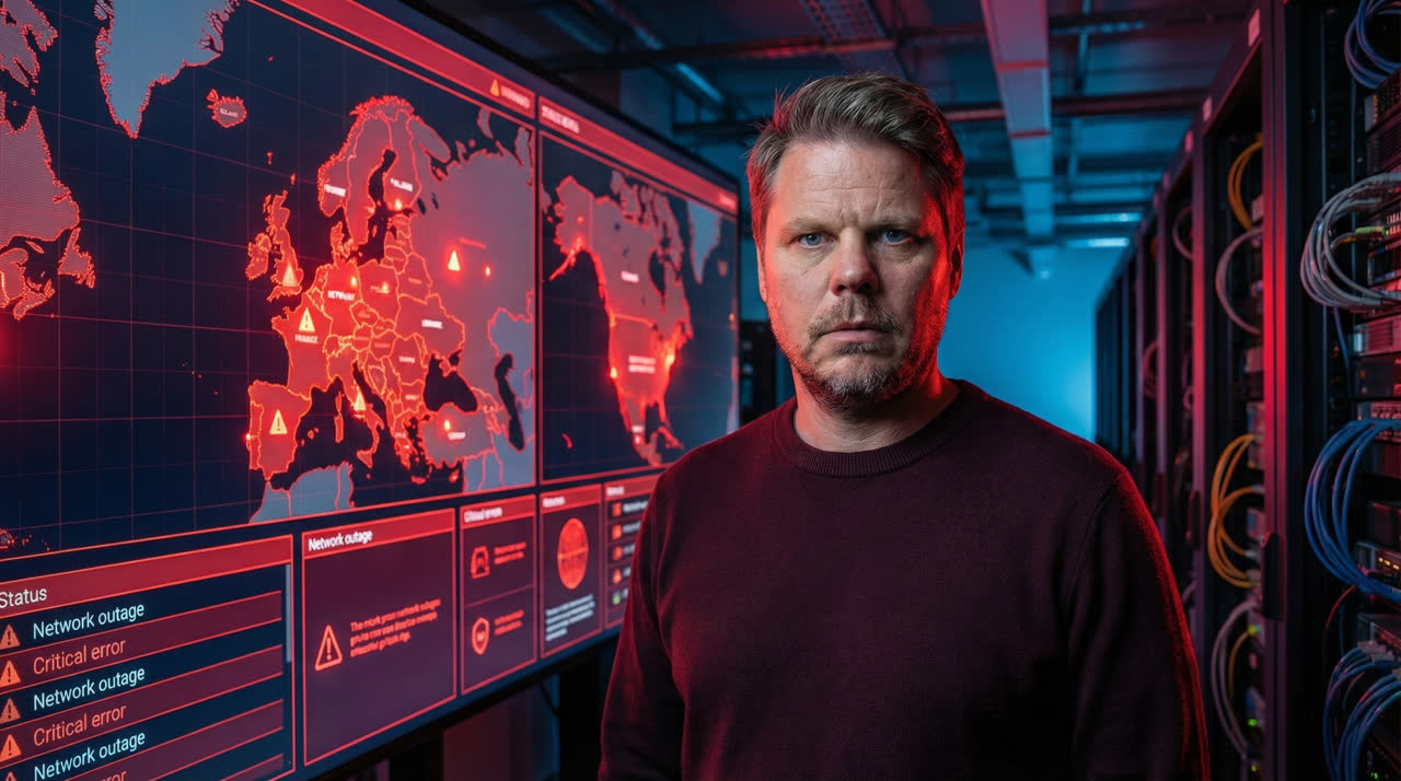 Jan Sverre foran digitalt driftskart som viser global Claude-outage