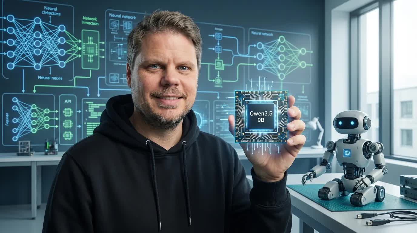 Qwen3.5 9B visualisert som en effektiv AI-modell for raskere og rimeligere bruk i praksis.