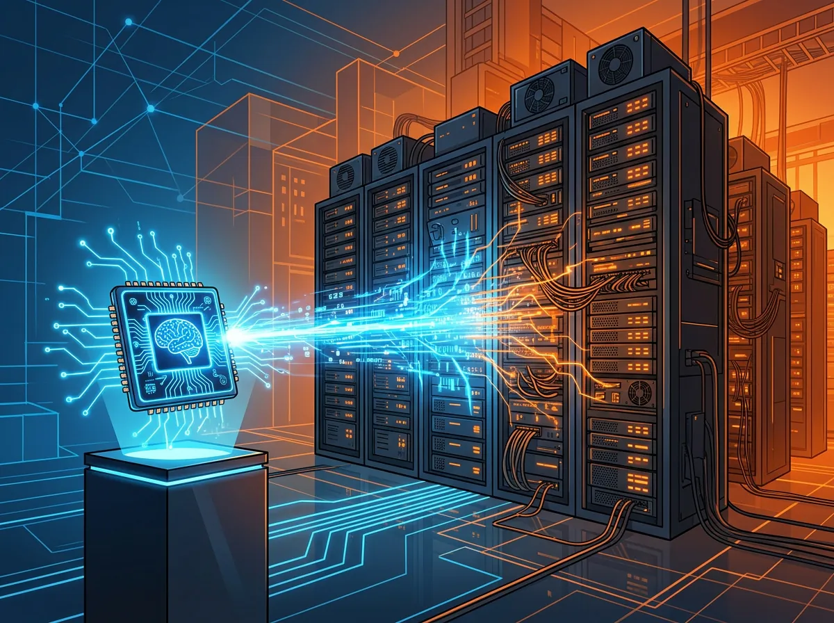 Illustrasjon av liten spesialisert AI-chip som konkurrerer mot stort datasenteret — David mot Goliat i AI-verdenen