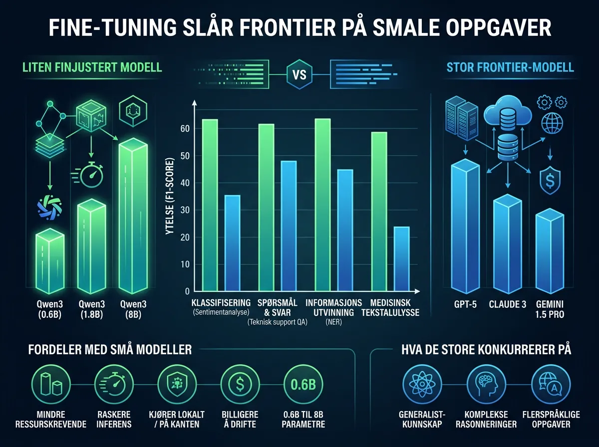 Infografikk som viser at fine-tunede Qwen3-modeller overgår GPT-5, Claude og Gemini på klassifisering og QA-oppgaver