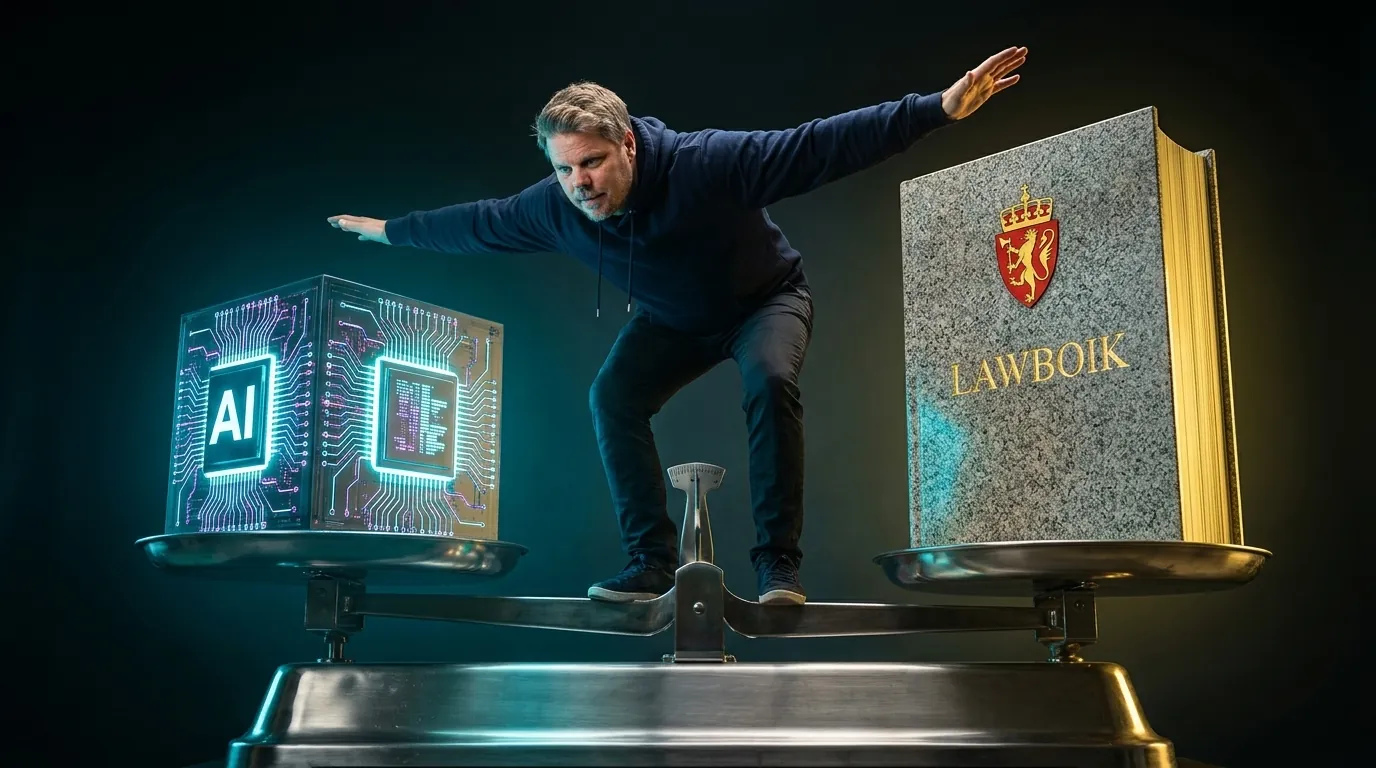 Jan Sverre balanserer en AI-kube og en norsk lovbok på en vektskål - illustrasjon av GDPR og AI i bedriften