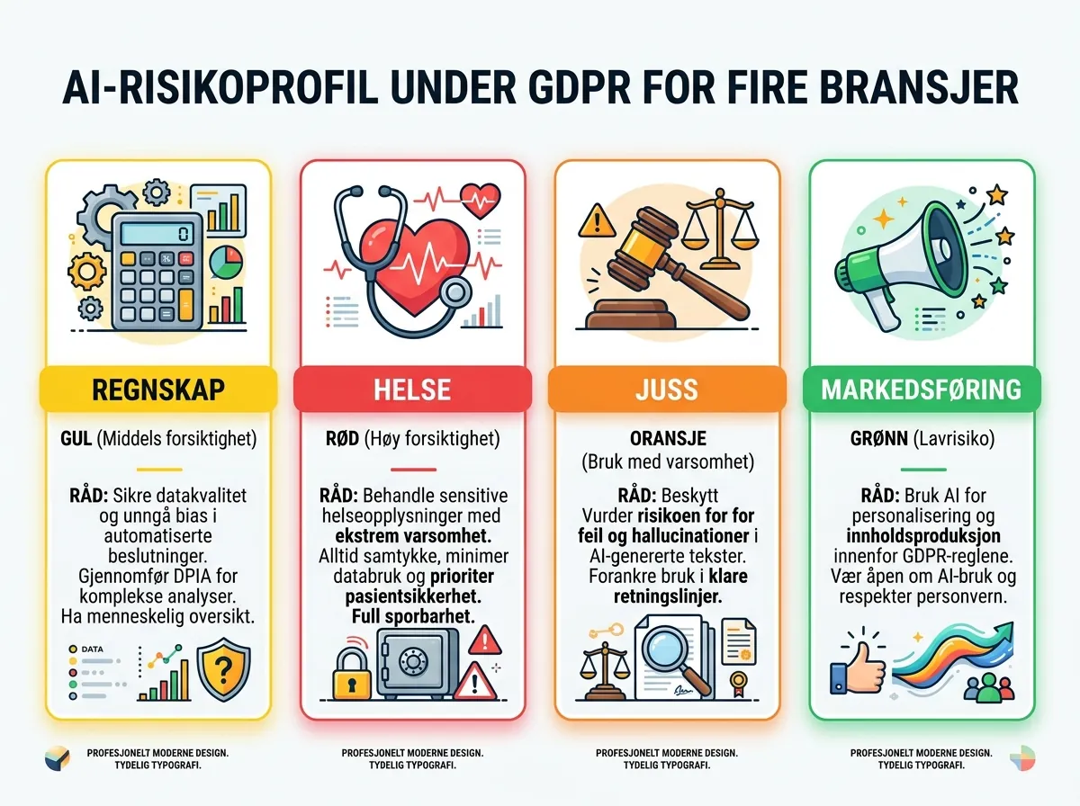 Infographic som viser GDPR-risikoprofil for AI-bruk i fire bransjer: regnskap, helse, juss og markedsføring