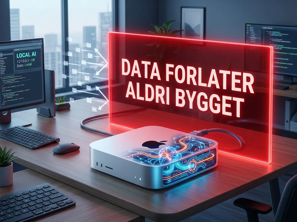 Illustrasjon av lokal AI-server der all databehandling skjer lokalt uten at data sendes til eksterne servere