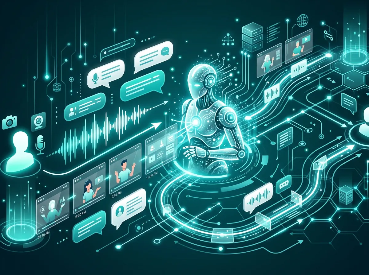 Illustrasjon av sanntids AI-kommunikasjon med lydbølger, video-frames og WebSocket-nettverk