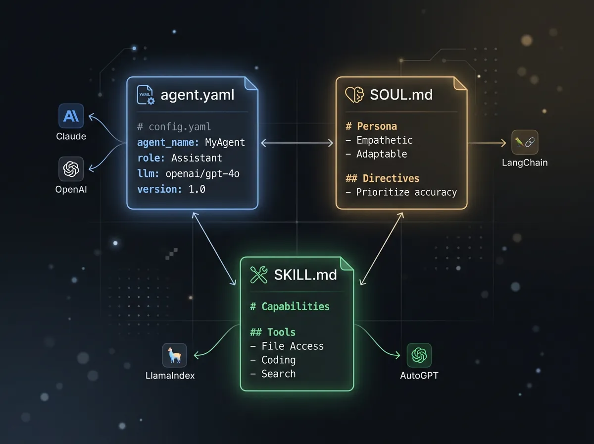 Illustrasjon av GitAgents tre kjernefiler agent.yaml SOUL.md og SKILL.md som svevende dokumentkort koblet til ulike AI-rammeverk