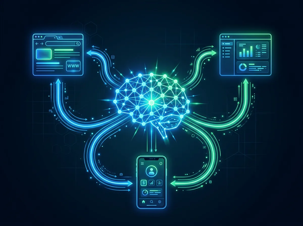 Illustrasjon av computer-use AI-agent arkitektur med nevrale nettverk koblet til nettleser, desktop og mobilgrensesnitt via lysendelinjer