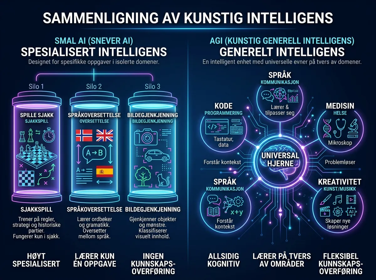 Infografikk som sammenligner smal AI med AGI - smal AI er spesialisert på enkeltoppgaver, AGI er universell intelligens koblet til alle domener