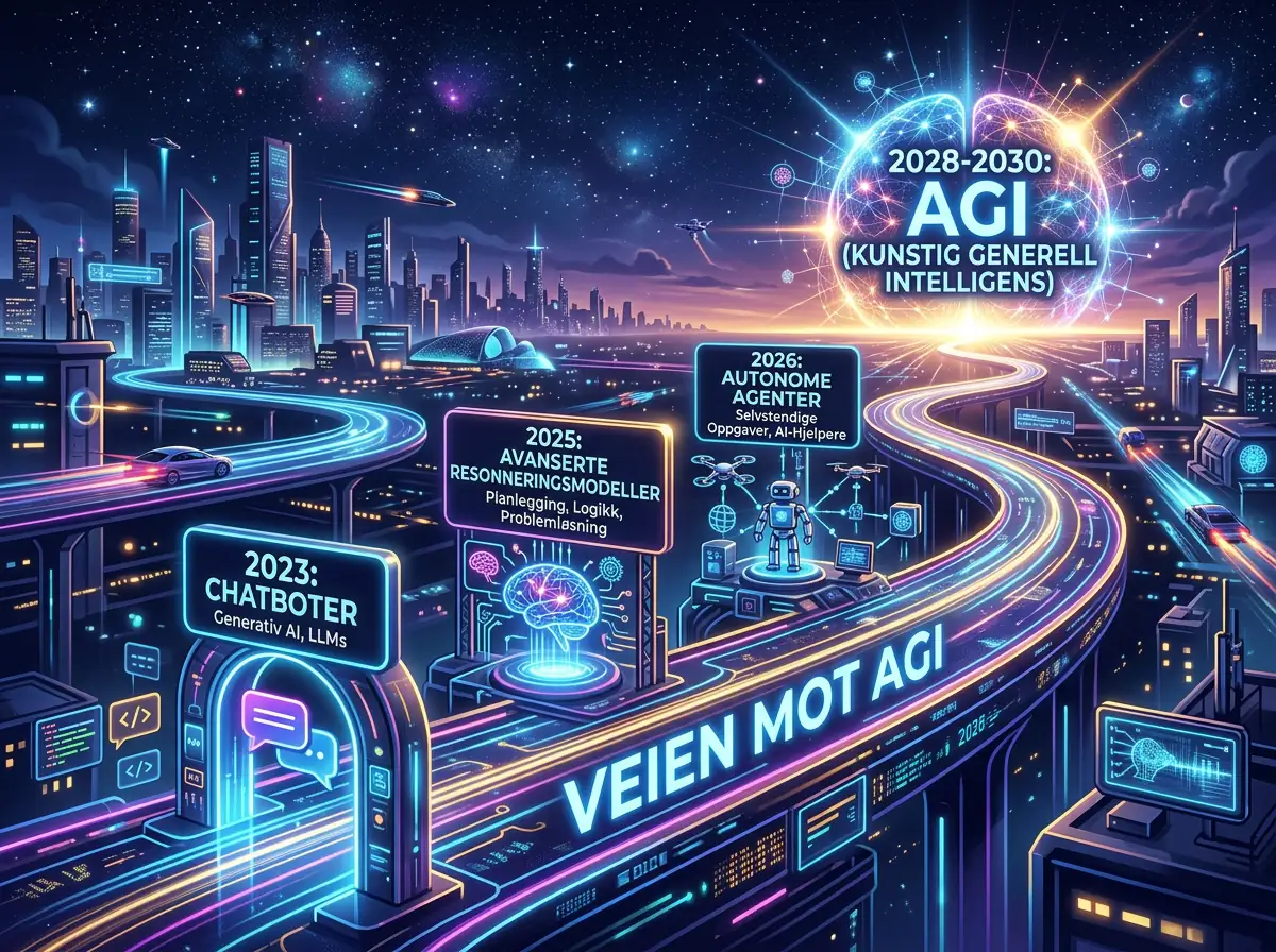 Illustrasjon av veien mot AGI med en tidslinje fra 2023 til 2030, med milepæler for AI-utvikling mot kunstig generell intelligens