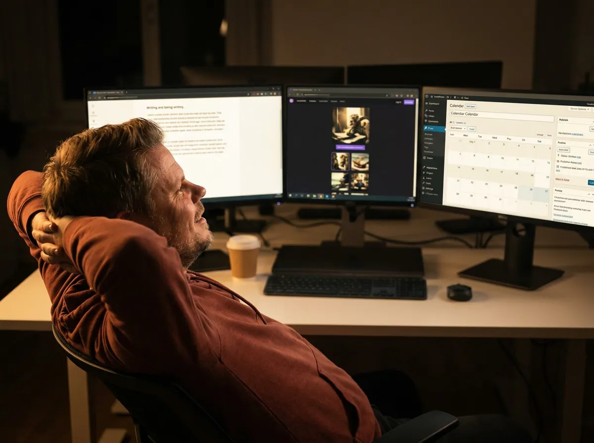 Jan Sverre Bauge ser på skjermer der AI-agenter automatisk skriver artikler og publiserer innhold