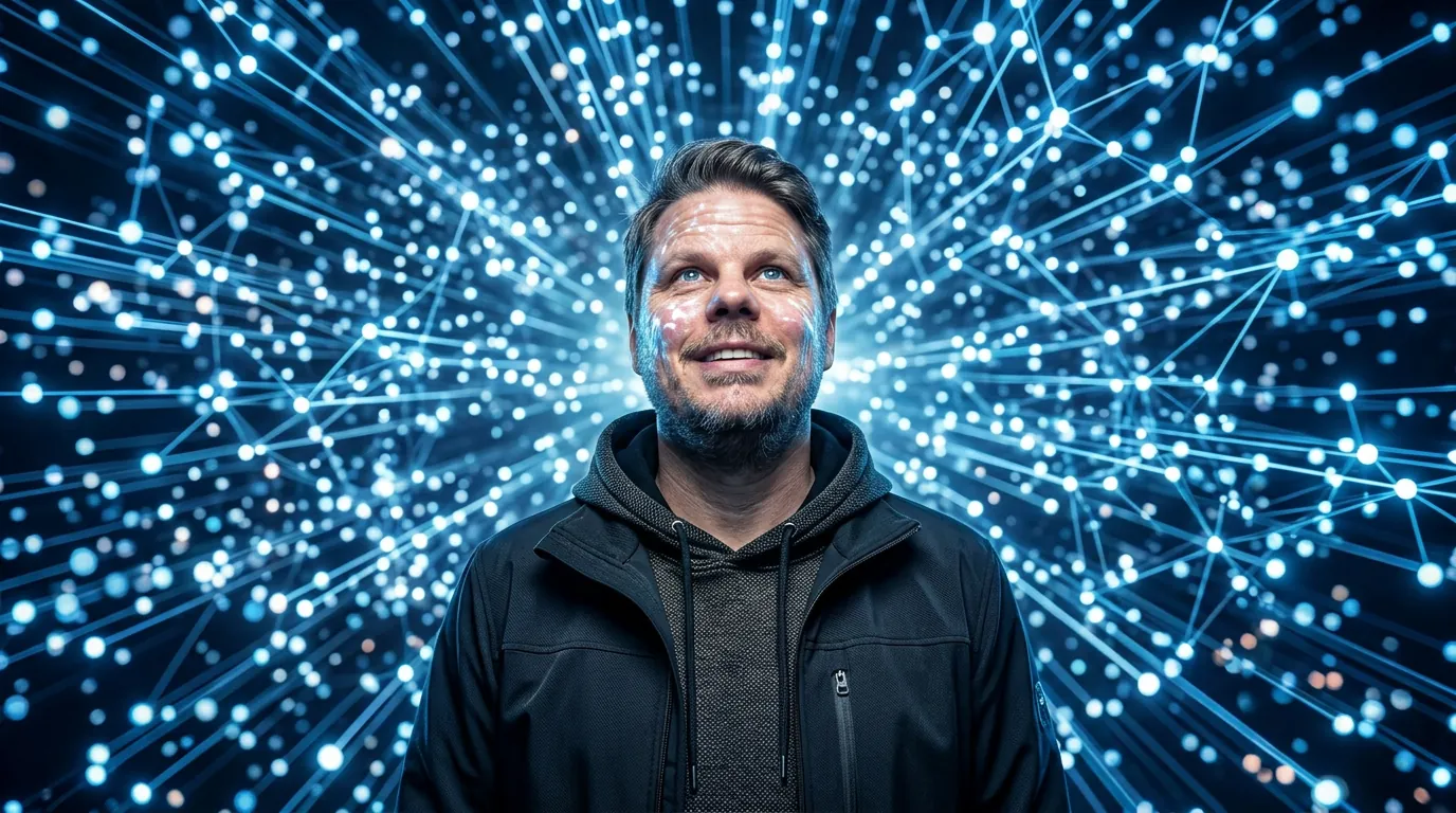 Jan Sverre omgitt av et glødende neuralt nettverk som illustrerer Mercury 2 diffusion-arkitektur