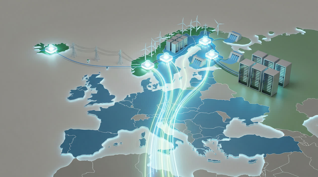 Illustrasjon av nordisk AI-infrastruktur, kraft og datasenterklynger