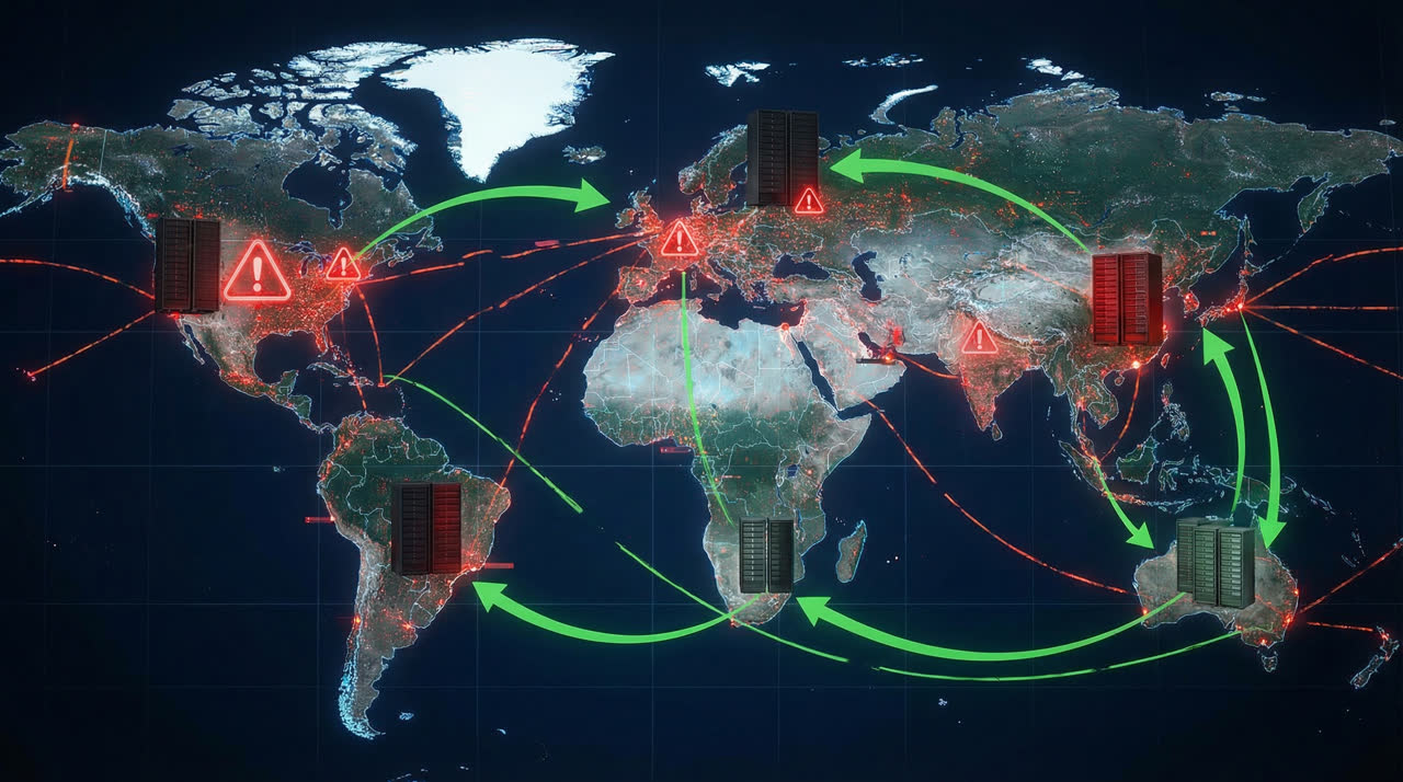 Kart- og nettverksillustrasjon som viser global AI-outage og failover
