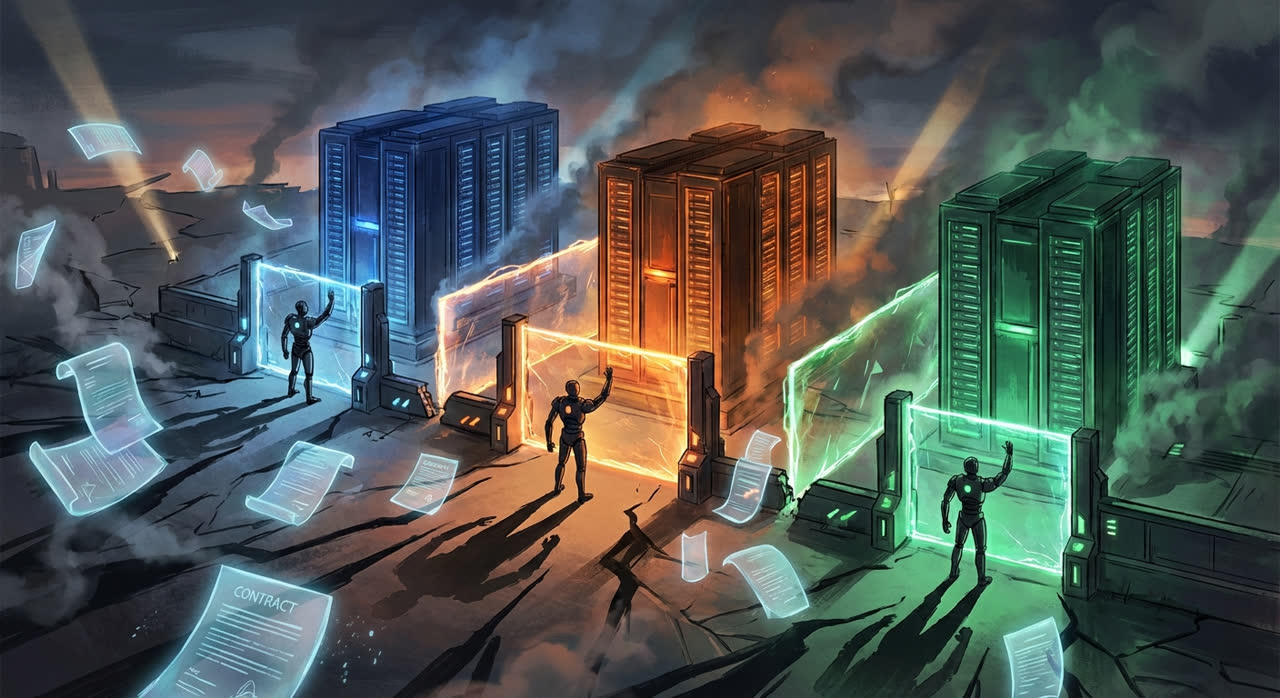 Illustrasjon av AI-kontroversen: automatiserte agenter stoppes ved digitale kontrollpunkter mellom flere leverandørmiljøer.