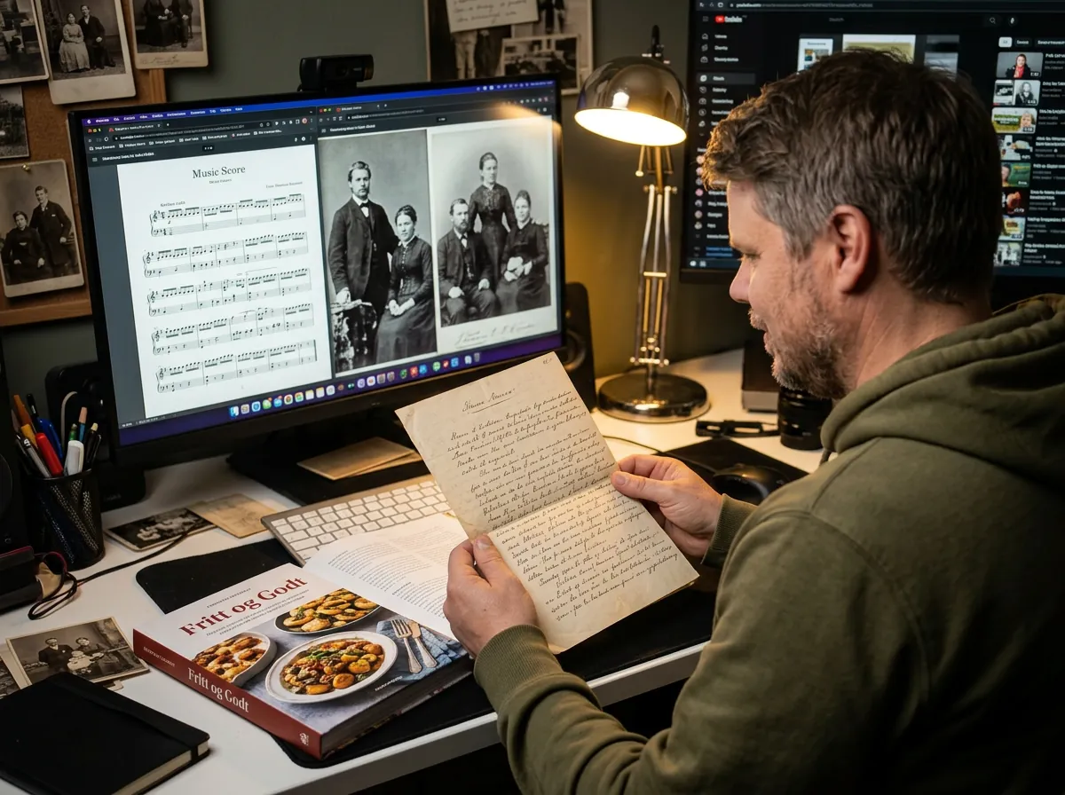 Jan Sverre Bauge med kokebok og gamle familiedokumenter ved arbeidsbordet