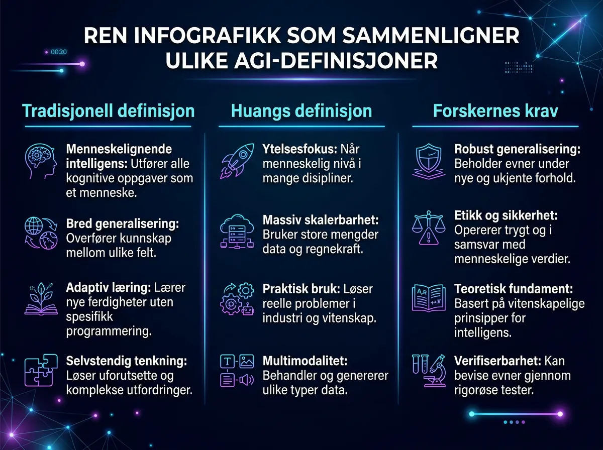 Infografik som sammenligner tradisjonell AGI-definisjon med Jensen Huangs definisjon og forskernes krav