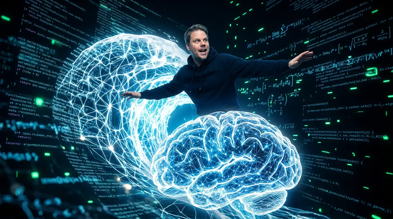 Jensen Huang surfer på en bølge av digitale data mens han erklærer at AGI er oppnådd i 2026